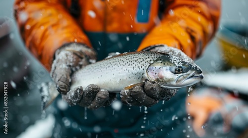 close up sailor with wild salmon in hands. ai generated