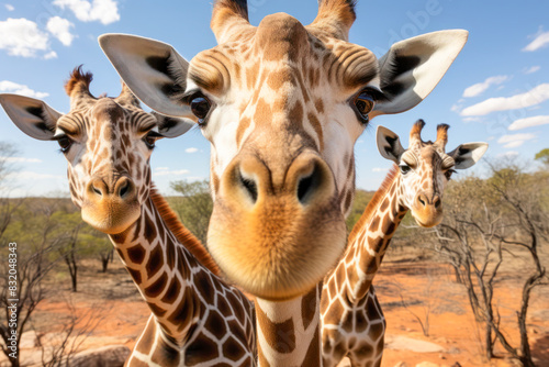 Curious Giraffes in the Savanna Posing at Camera. A group of curious giraffes with close-up focus on their faces, exploring the savanna under a clear blue sky. © julijadmi