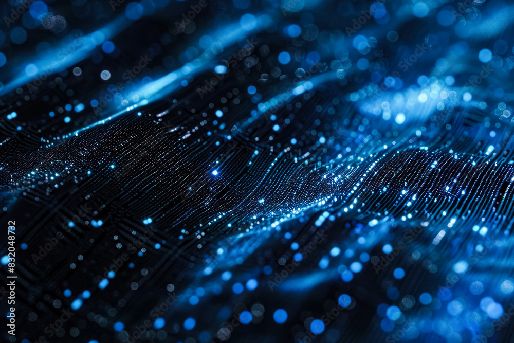 Abstract digital wave with blue and white glowing particles on a dark background, resembling a futuristic technology or data flow concept, with bokeh effect creating a sense of depth and motion Abstract digital wave with blue and white glowing particles on a dark background, resembling a futuristic technology or data flow concept, with bokeh effect creating a sense of depth and motion