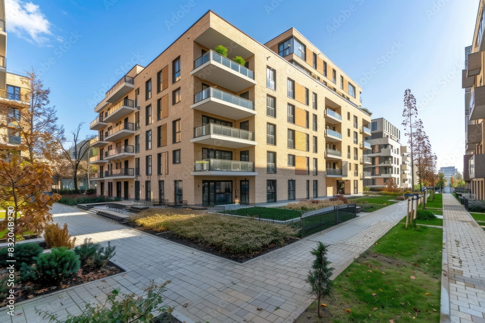 Apartment building with a walkway in front of it on a clear day