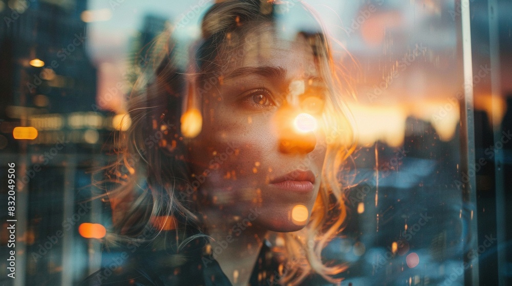 Confident businesswoman in a double exposure portrait, her reflection merging with city skyscrapers bathed in golden hour sunlight. Confident businesswoman in a double exposure portrait, her reflection merging with city skyscrapers bathed in golden hour sunlight.