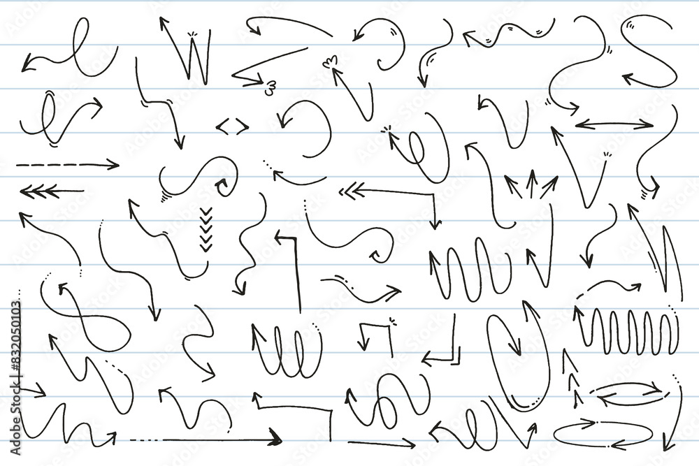 Set of hand drawn arrows with curvy lines.