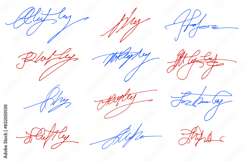 Handwritten collection of fake scribble signature in ink. Handwritten set of inked autographs. Collection of imaginary scribble signatures.