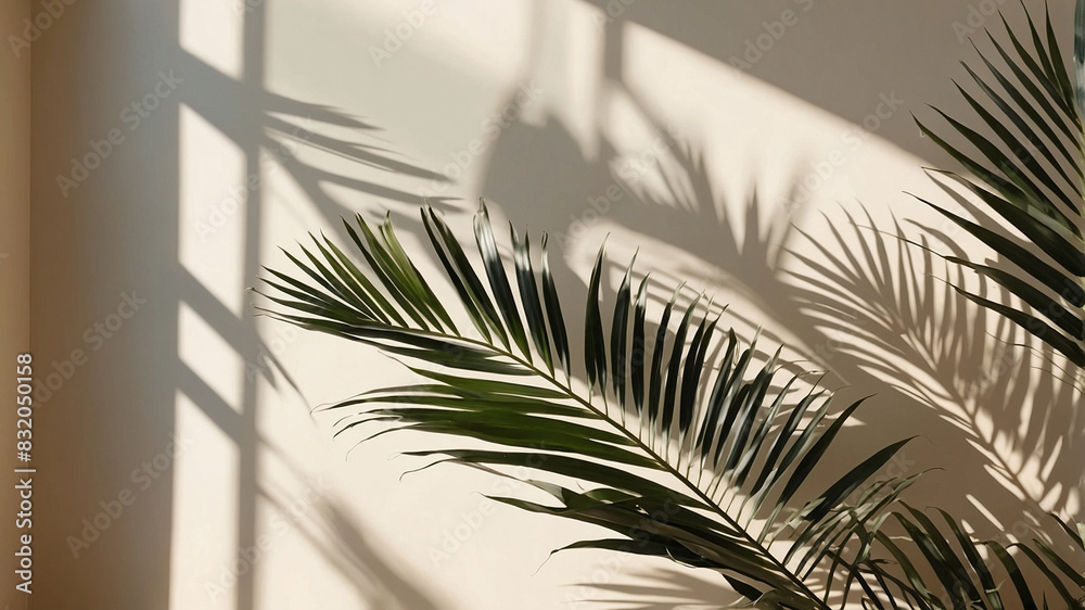 Blurred shadow from palm leaves on light cream wall. Minimalist beautiful summer spring background for product presentation.