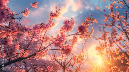 Japanese Sakura Blossom in Pink Sky Vector Illustration 