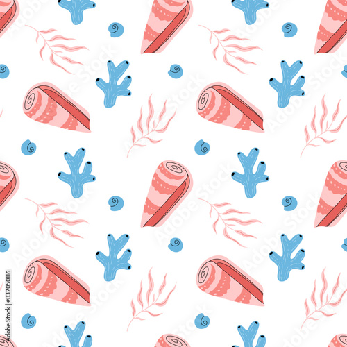 Beautiful coral reefs. Natural seamless pattern with undersea flora and fauna, sea or ocean life. Undersea backdrop with coral, algae, starfish, shells. Flat vector illustration