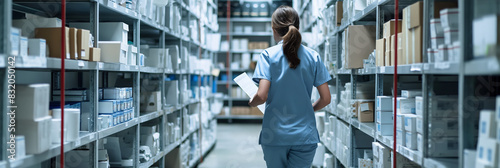 A female nurse in blue attire checks inventory in a medical storage room with shelves full of supplies