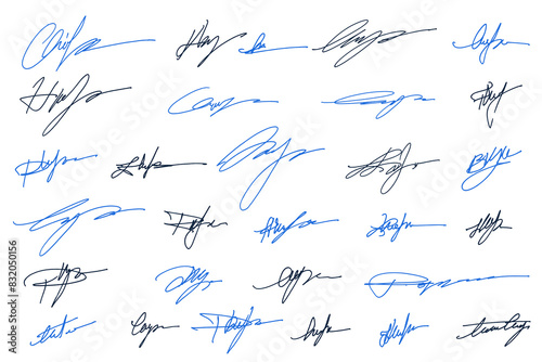 Handwritten collection of fake scribble signature in ink. Handwritten set of inked autographs. Collection of imaginary scribble signatures. photo