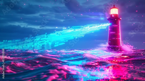 A neon lighthouse beaming data signals across a stormy sea of code, guiding lost packets home