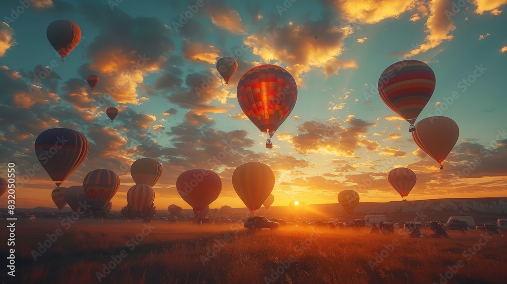 Obraz premium a hot air balloon festival at sunrise, balloons of various colors filling the sky