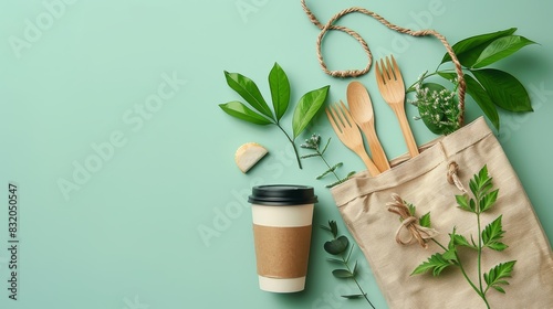 Plastic free set with cotton bag, glass jar, green leaves and recycled tableware top view. Zero waste, eco friendly concept. Flat lay. ai generated