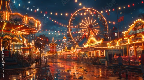 a joyful carnival scene with rides, games, and bright lights