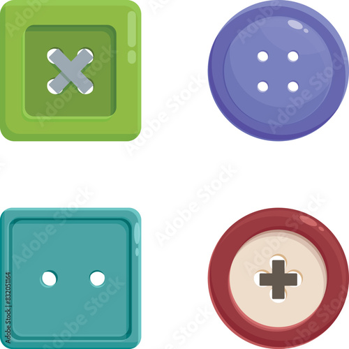 Collection of four vector buttons in flat design, featuring different colors and shapes
