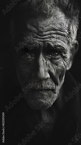 AI-generated illustration of Monochrome close-up of elderly man with weathered eyes