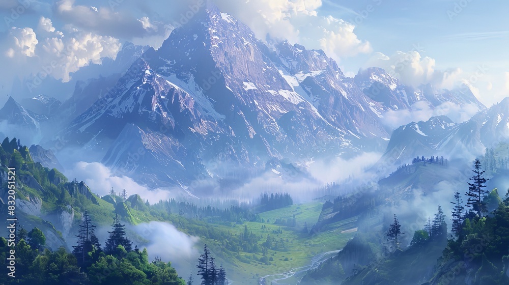 a mountain landscape with soft mist and gentle slopes, calming and serene a mountain landscape with soft mist and gentle slopes, calming and serene