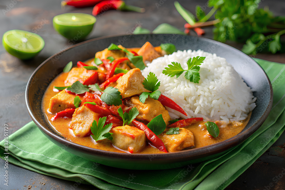 Thai food, Thai chicken red curry with stream rice (panang) in a green plate on grey background Thai food, Thai chicken red curry with stream rice (panang) in a green plate on grey background