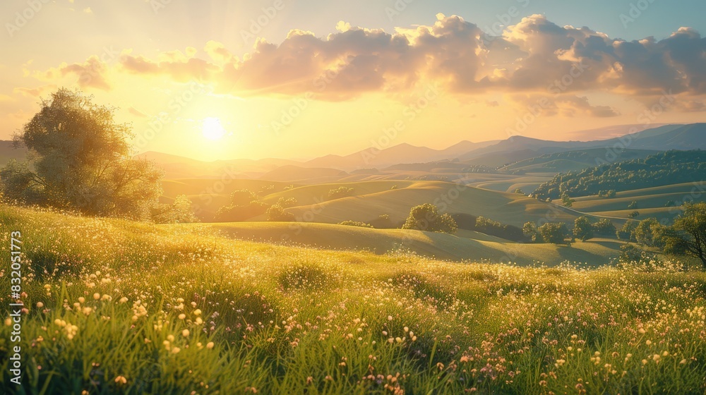 a peaceful countryside with rolling hills and soft sunlight, natural and relaxing
