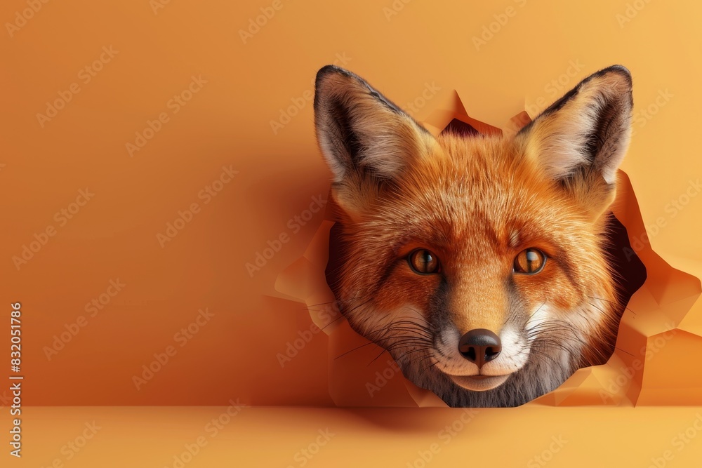 Obraz premium A fox is peeking out of a hole in a wall