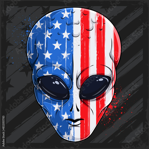 Hand drawn Alien's head character with USA flag pattern for American independence day, Veterans day, 4th of July and memorial day