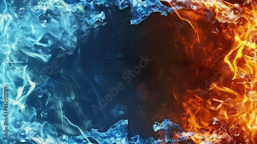 Fiery border of flames contrasts with icy edges, framing a cloud-like rectangle of empty space in the center.