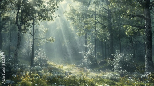 a peaceful forest with sunlight filtering through the trees  soft shadows and gentle light