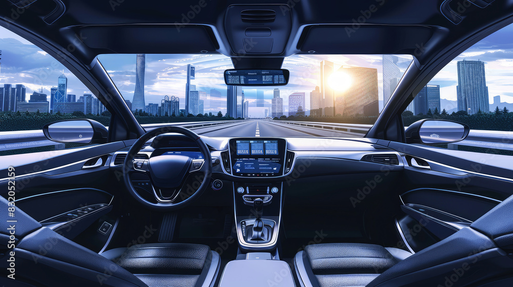 interior of a modern self-driving car with a picturesque city road of a metropolis outside the windows, without a driver at the wheel interior of a modern self-driving car with a picturesque city road of a metropolis outside the windows, without a driver at the wheel