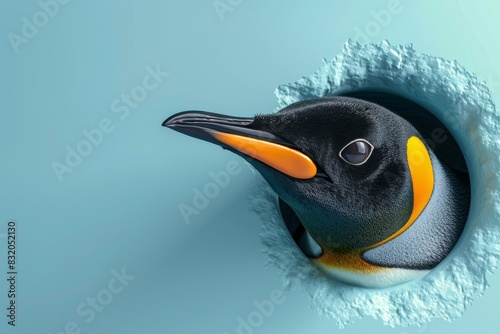 A penguin is peeking out of a hole in the wall photo