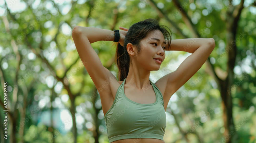 Fit Asian female jogger in green sportswear stretching muscles in park before running. Healthy outdoor exercise. Wellness being concept. Fit Asian female jogger in green sportswear stretching muscles in park before running. Healthy outdoor exercise. Wellness being concept.