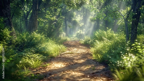 a quiet forest path with dappled sunlight and soft shadows, peaceful and inviting