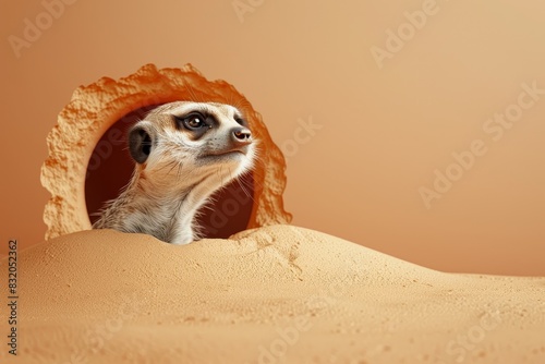 A small meerkat is peeking out of a hole in the sand photo
