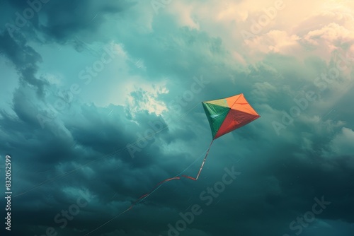 A kite is flying in the sky with a red and orange tail