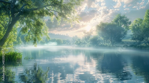 a quiet lake with reflections of the sky and trees, still water and soft light