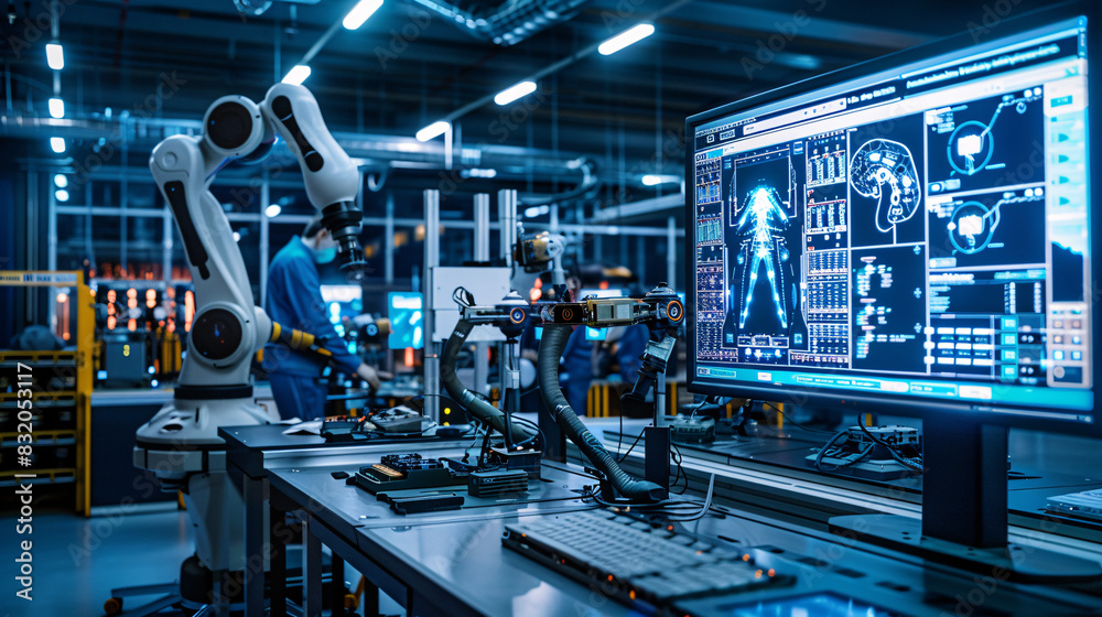 A robot automation arm in front of a computer monitor. The robot is surrounded by several computer monitors. Concept of technology and innovation A robot automation arm in front of a computer monitor. The robot is surrounded by several computer monitors. Concept of technology and innovation