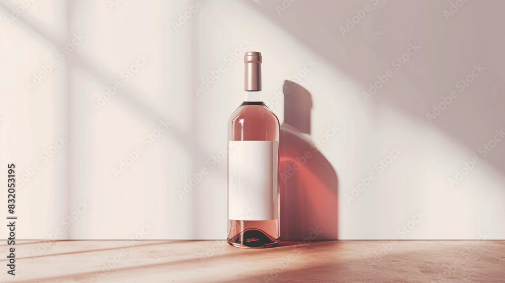 Wine bottle mockup with blank label on a light background casting a shadow, minimalist design, studio lighting Wine bottle mockup with blank label on a light background casting a shadow, minimalist design, studio lighting