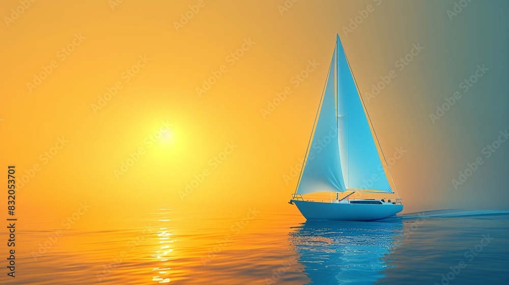A delightful cartoon sailboat floating gracefully on the water, its sails billowing in the breeze as it cruises along with a contented smile. The boat's white and blue color scheme shines in the