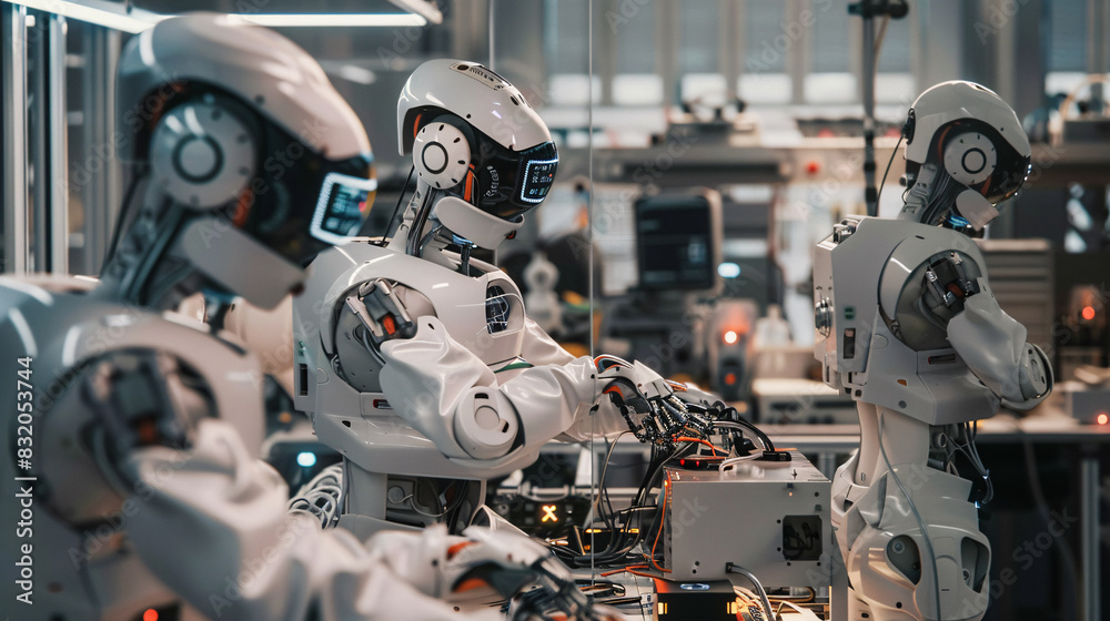 Fototapeta premium A robots are standing in a room with a white background. They are all white and have a robotic appearance