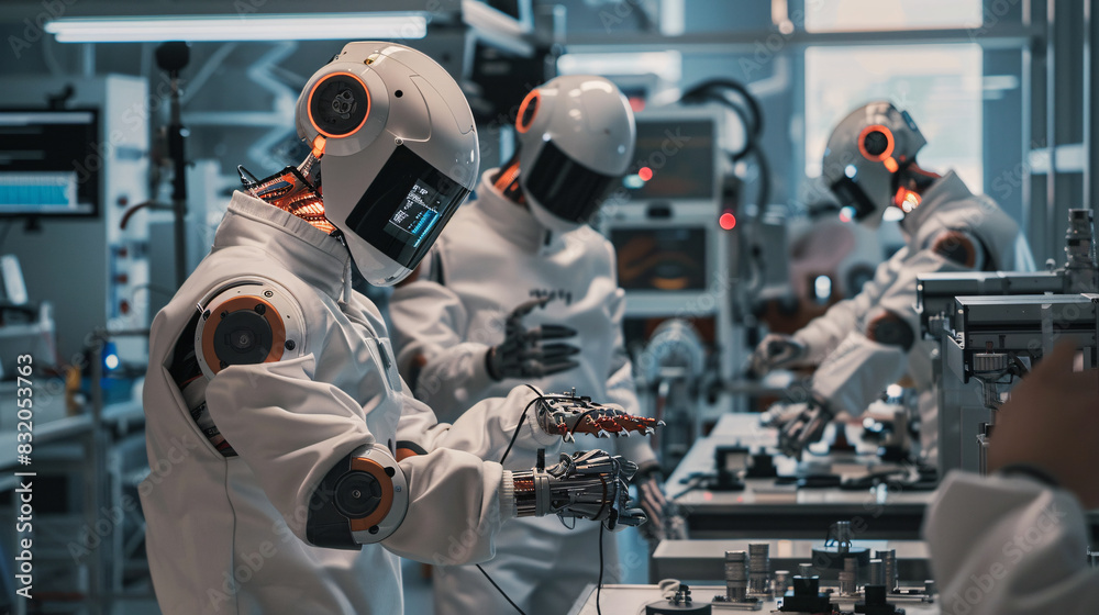 A robots are standing in a room with a white background. They are all white and have a robotic appearance A robots are standing in a room with a white background. They are all white and have a robotic appearance
