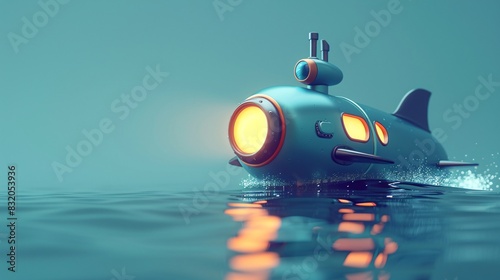 A playful cartoon submarine exploring the depths of the ocean, its periscope poking out of the water as it searches for hidden treasures. The submarine's sleek blue body glistens in the soft, warm photo