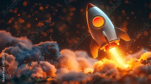 An adorable cartoon rocket ship blasting off into space, its round porthole windows gleaming with excitement as it embarks on a cosmic adventure. The rocket's sleek silver body shines in the soft,