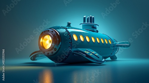 A playful cartoon submarine exploring the depths of the ocean, its periscope poking out of the water as it searches for hidden treasures. The submarine's sleek blue body glistens in the soft, warm photo
