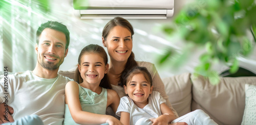 Happy family relaxing on sofa under air conditioner with air flow in living room. Green clean air living room concept.