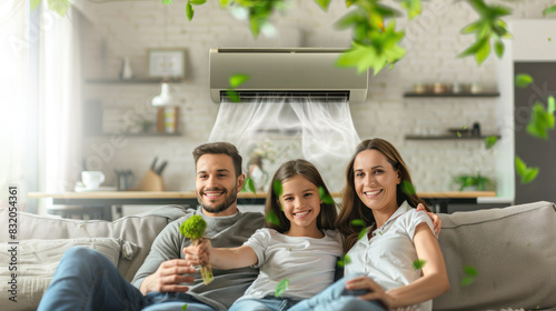 Happy family relaxing on sofa under air conditioner with air flow in living room. Green clean air living room concept.