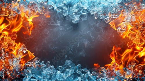 A battleground of fire and ice creates a dramatic frame around a central area of swirling clouds, perfect for text or design.
