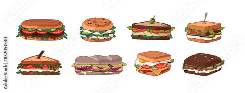 Set of different sandwiches. Delicious burgers with bacon, lettuce, tomato. Triangle toasts, bagel, baguette with ham, chicken, cheese. Fast food, snacks. Flat isolated vector illustrations on white