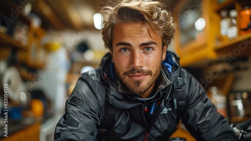 Close up of a handsome man with blue eyes wearing a motorcycle jacket in a workshop