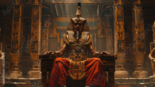 An ancient Egyptian pharaoh sits on a throne in a room with hieroglyphics on the walls