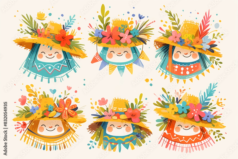 Fototapeta premium Illustration of Festa Junina dolls wearing colorful dresses and straw hats adorned with flowers. Festive and cultural theme. Design for print, poster, and greeting card.