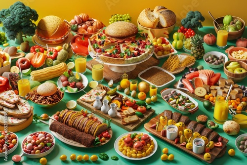A large table is covered with a variety of food, including a turkey, apples