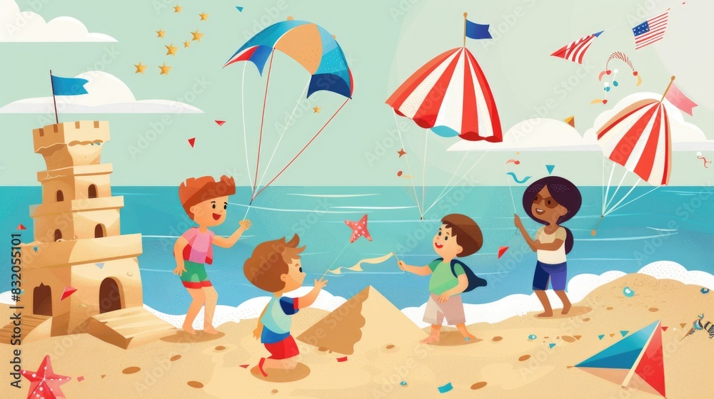 Fototapeta premium In a playful cartoon world, children build sandcastles on the beach and fly kites in celebration of Independence Day