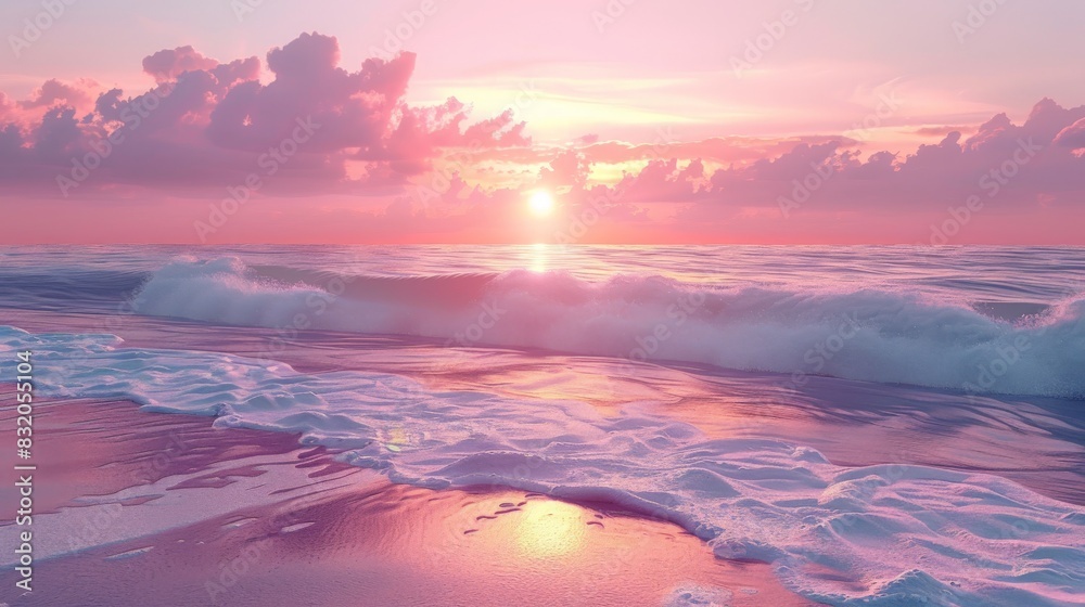 a serene sunset over calm waters, gentle waves and soft colors